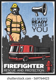 Vintage firefighting colorful poster with fireman in uniform fire engine megaphone and hydrant vector illustration