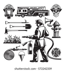 Vintage firefighting elements set with fireman truck flame and professional equipment in sketch style isolated vector illustration