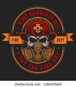 Vintage firefighting emblem concept with skull in fireman helmet isolated vector illustration