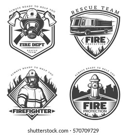 Vintage firefighting emblems set with fireman fire engine hydrant and equipment in monochrome style isolated vector illustration