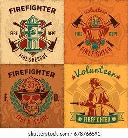 Vintage firefighting emblems set with fireman skull helmet mask hydrant and crossed axes vector illustration