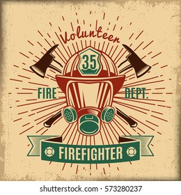 Vintage firefighting label with fireman rescue mask crossed axes and ribbon isolated vector illustration