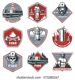 Vintage firefighting labels set with fireman truck and rescue equipment in red and gray colors isolated vector illustration