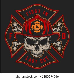 Vintage fireman colorful print with inscriptions axes and skull in firefighter helmet on black background isolated vector illustration