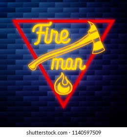Vintage fireman emblem glowing neon