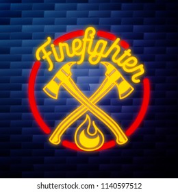 Vintage fireman emblem glowing neon