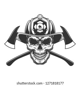 Vintage fireman skull in firefighter helmet with crossed axes in monochrome style isolated vector illustration