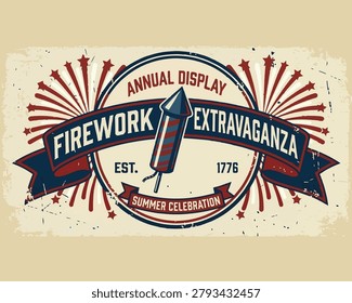 Vintage firework extravaganza badge design, perfect for patriotic celebrations and national holiday events.
