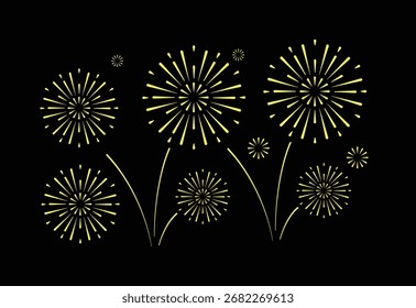 Firework de Antiguas. Formas retro de explosión de oro sobre fondo negro. Etiquetas, símbolos, fuegos artificiales, logotipos o elementos de diseño de letras de Antiguas light starburst.
