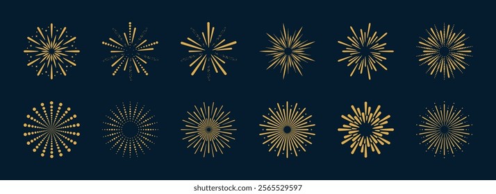 Vintage fireworks collection. Bursting golden sun rays. Radial sunset beams. Vector illustration