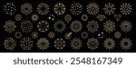 Vintage Fireworks collection. Retro gold Explosion burst shapes on Black Background. Vintage light starburst labels, symbols, Fireworks, Logotype or lettering design element.