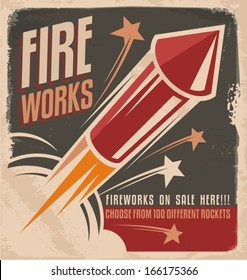 Vintage Fireworks Poster Design. Retro Flyer Design For Fire Works Rockets Retailer. 
