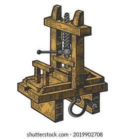 Vintage first printing press color sketch engraving vector illustration. T-shirt apparel print design. Scratch board imitation. Black and white hand drawn image.