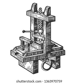 Vintage first printing press sketch engraving vector illustration. Scratch board style imitation. Hand drawn image.