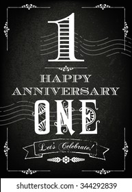 Vintage First Year Anniversary Card With Grunge Background And Chalk Designs, 
Vector Illustration