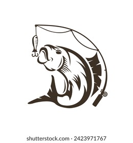 Logo de pescado de época con barra de pesca. Logo de la pesca.