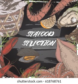 Vintage fish market color template with fish and seafood baskets, shrimps, lobster, oysters on blackboard background. Great for markets, grocery stores, organic shops, food label design.