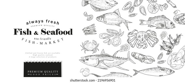 Vintage fish market cover design. A frame for advertising a fish products store.