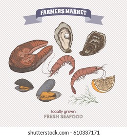 Vintage fish steak, oyster and mussel hand drawn sketch. Great for markets, grocery stores, organic shops, food label design.