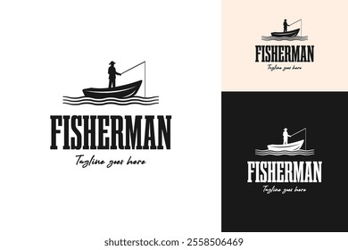 Vintage fisherman in boat logo design template vector illustration idea