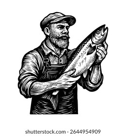 Vintage pescador segurando truta, estilo de madeira de pesca retro, ilustração arrastão desenhado à mão