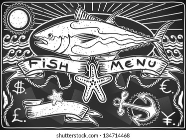 Vintage Fishery Blackboard Cut of Fish Meat. Fishery Seafood Food Chalk Board Shop. Retro Menu Restaurant. Fishery Blackboard Diagram. Street Food Vintage Bar Menu Background Infographic Vector Image