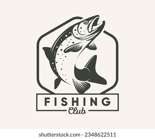 Vintage Fishing badge, Brown trout jumping vector illustration.