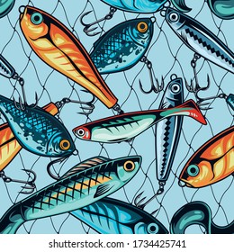 Vintage fishing baits colorful seamless pattern of various lures with metal hooks vector illustration