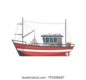 Icono aislado de vista lateral del barco pesquero de época. Transporte marítimo o oceánico, buques marinos para la producción industrial de mariscos ilustraciones vectoriales en estilo plano.