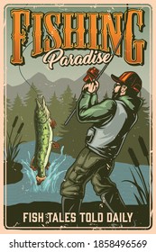 Vintage fishing colorful poster with fisherman caught pike in pond on nature landscape vector illustration