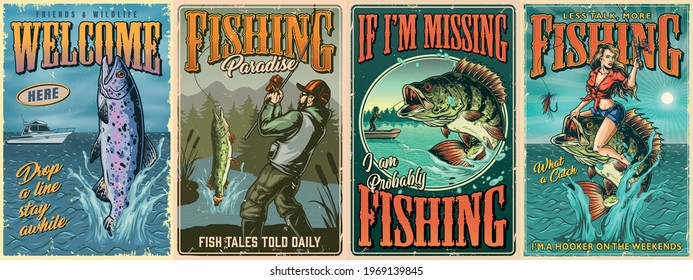 Vintage fishing colorful posters with perch fish rainbow trout jumping out of water fisherman caught pike and pretty woman holding fishing rod and sitting on bass vector illustration