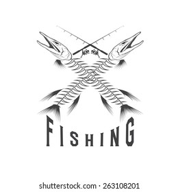 vintage fishing emblem with skeleton of pike