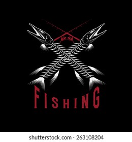 vintage fishing emblem with skeleton of pike