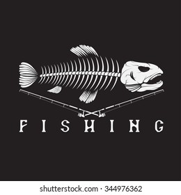 vintage fishing emblem with skeleton of trout