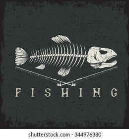 vintage fishing grunge emblem with skeleton of trout