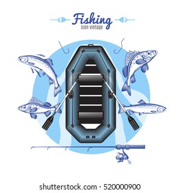 Vintage fishing icons colorful round composition with air boat fishes tackle symbols and editable title text vector illustration