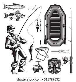 Vintage fishing isolated decorative icon set with old style fisher tackle air boar and other gear vector illustration