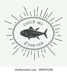 Vintage fishing label, log, badge. Vector illustration