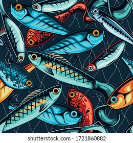 Vintage fishing lures seamless pattern with fisherman artificial accessories vector illustration