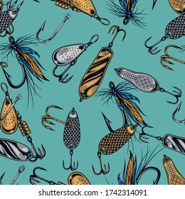 Vintage fishing lures seamless pattern with various fisherman accessories on turquoise background vector illustration