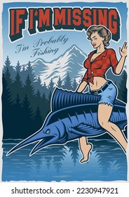 Vintage fishing poster with a pin up girl sitting on the fish