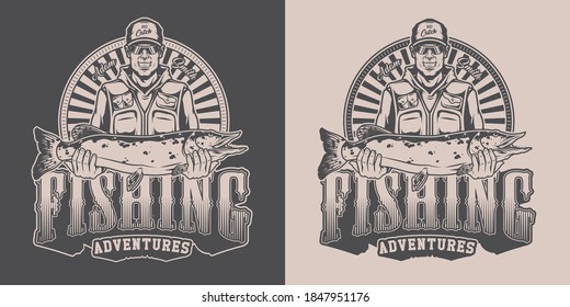 Vintage fishing print in monochrome style with happy fisherman in baseball cap and sunglasses holding pike isolated vector illustration