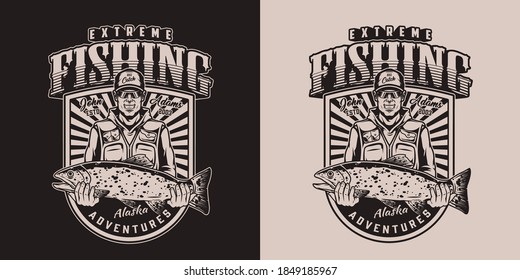 Vintage fishing print in monochrome style with happy fisherman holding big trout isolated vector illustration