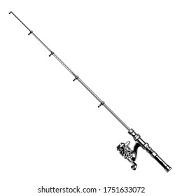 Vintage fishing rod with spinning reel in monochrome style isolated vector illustration