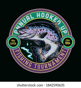Vintage fishing round emblem with inscriptions and big rainbow trout isolated vector illustration