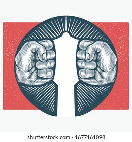 Vintage fist to form guitar headstock negative space logo illustration 