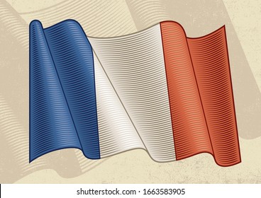Vintage Flag Of France. Editable EPS8 vector illustration with clipping mask in woodcut style.