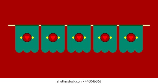 Vintage flag garland. Vector Illustration. Decoration for Christmas season, birthday, party, wedding, baby room, carnival, festival. Cartoon decorative element with hearts.