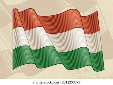 Vintage Flag Of Hungary. Editable EPS8 vector illustration with clipping mask in woodcut style.