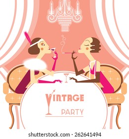 Vintage Flapper girls talking in retro room.Vector illustration background